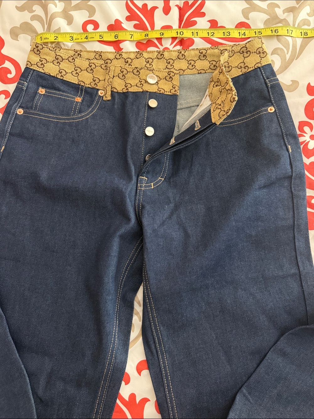 Gucci Dark Blue Denim Jeans with Beige Monogram Waistband